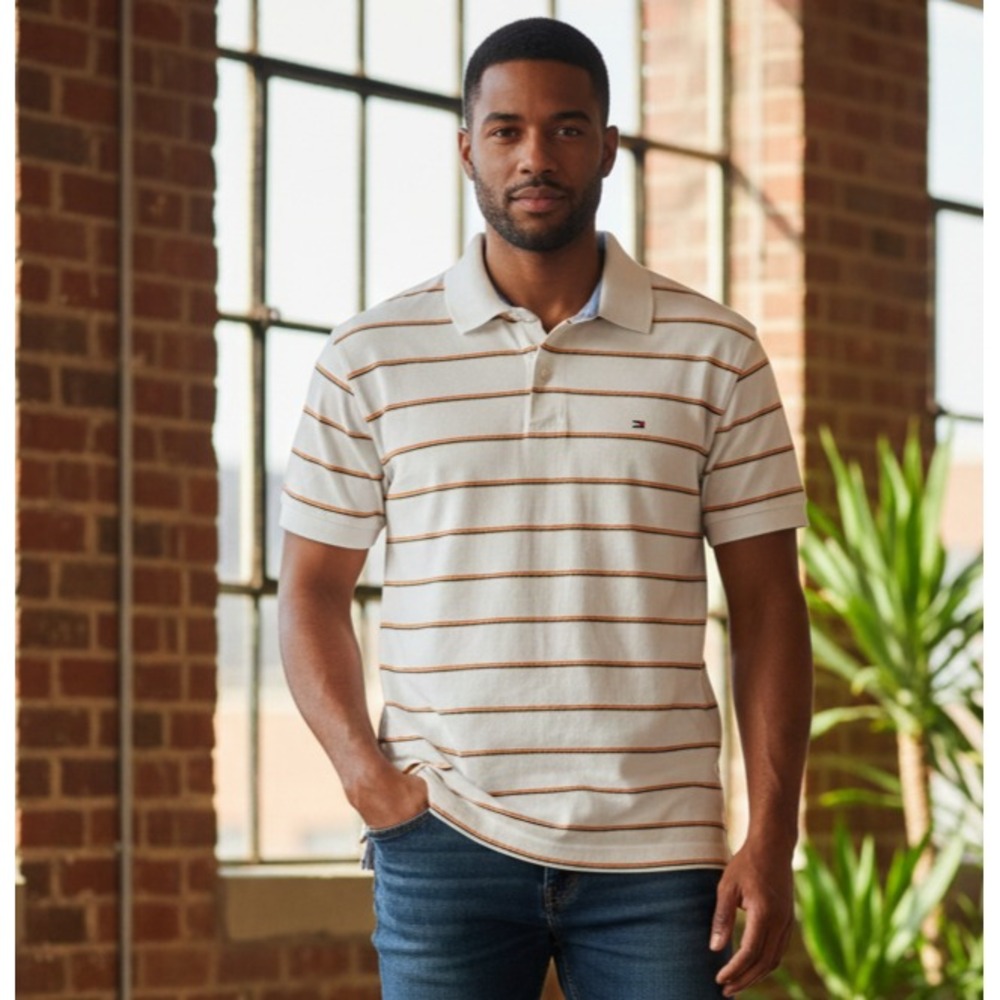 Tommy Hilfiger Polo Shirt Men's Size Medium White‎ Short Sleeves Striped Pattern